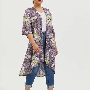 Torrid 00X 1X Cardigan Kimono Duster Midi Purple Floral Plus HiLo Top Sweater